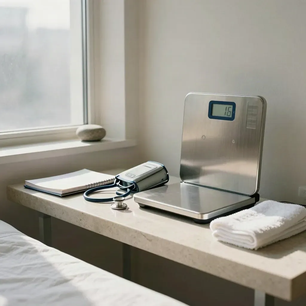 Bright clinic health-check station with scale, cuff, stethoscope, towel and closed notebook.