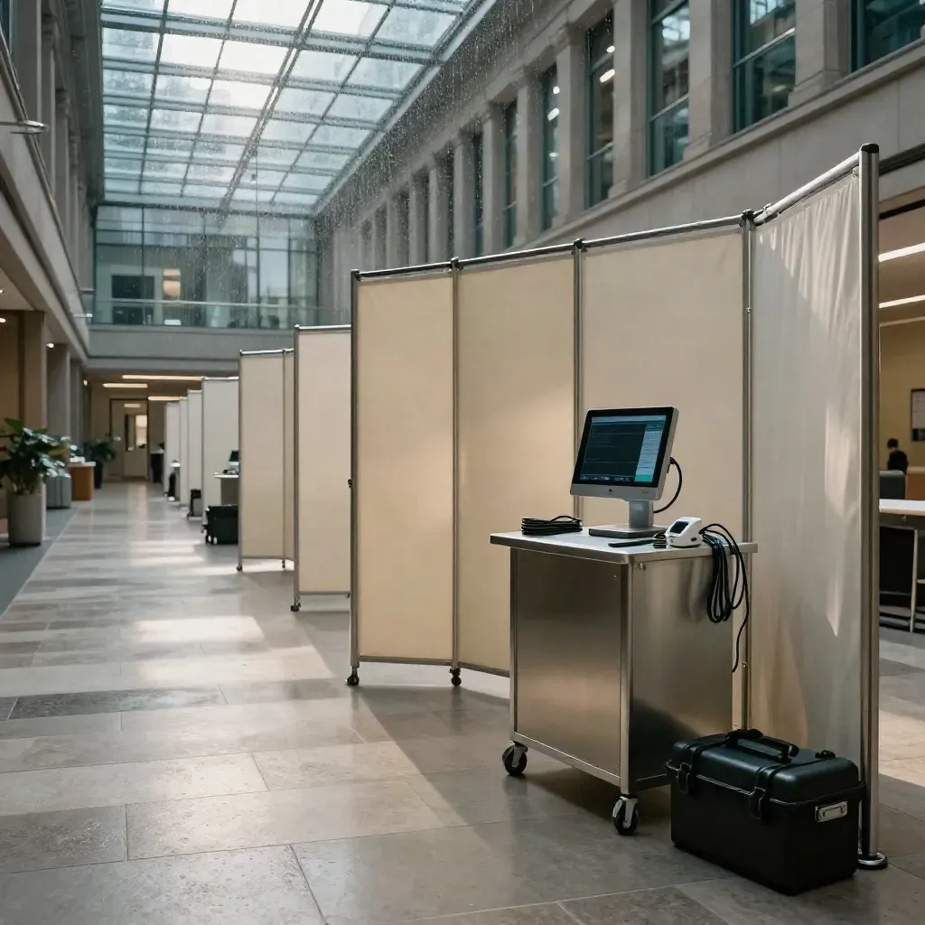 Empty Manchester atrium set with screening stations, privacy screens and medical cases after a health day.